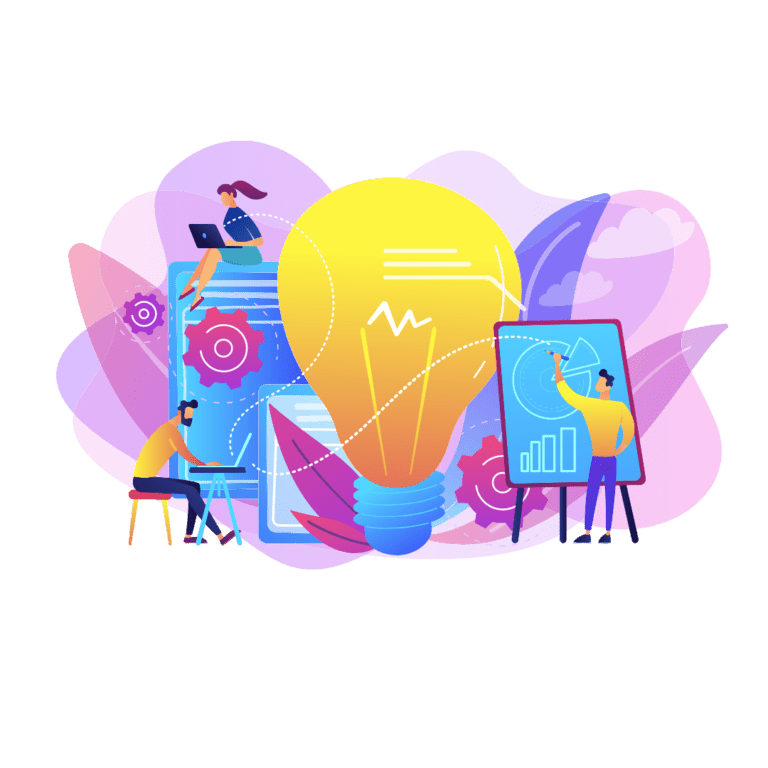 three people are working around a large, lightbulb.