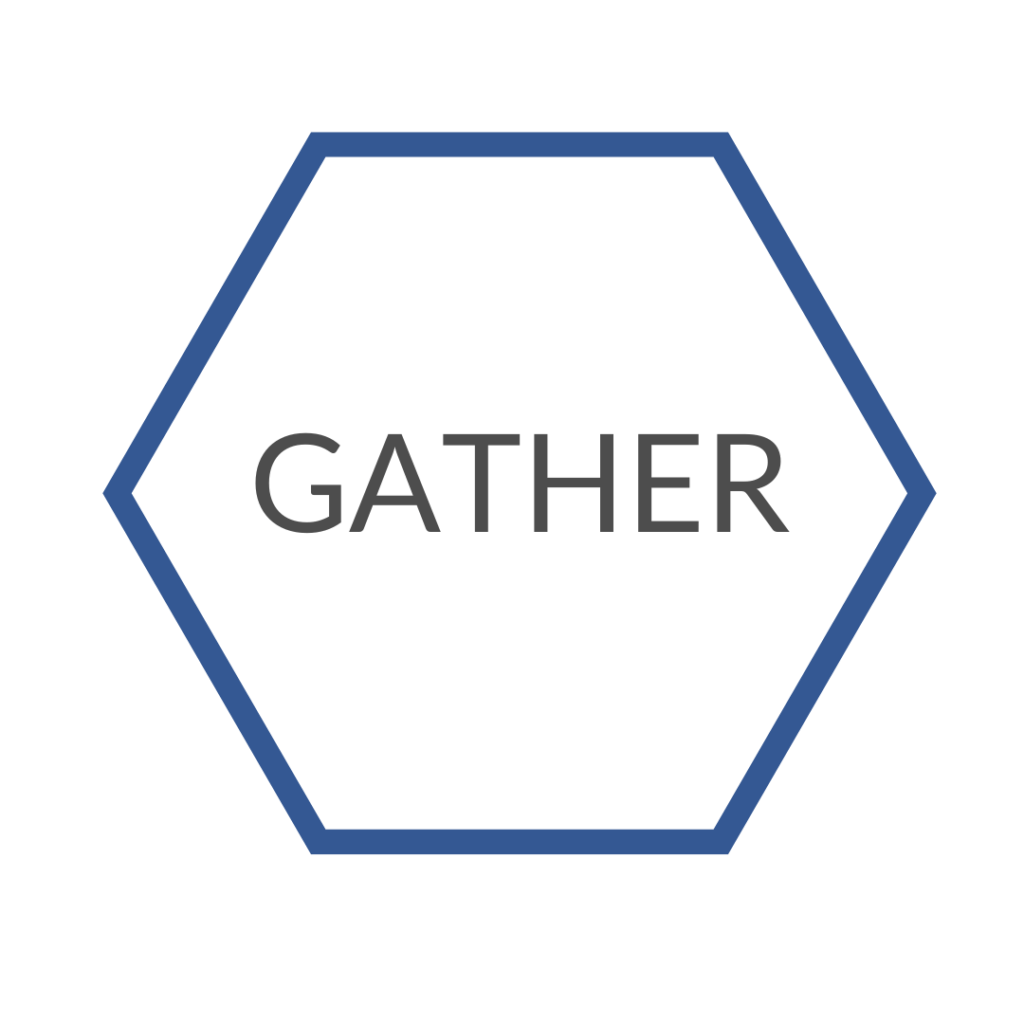 Blue hexagon with the word "gather" inside