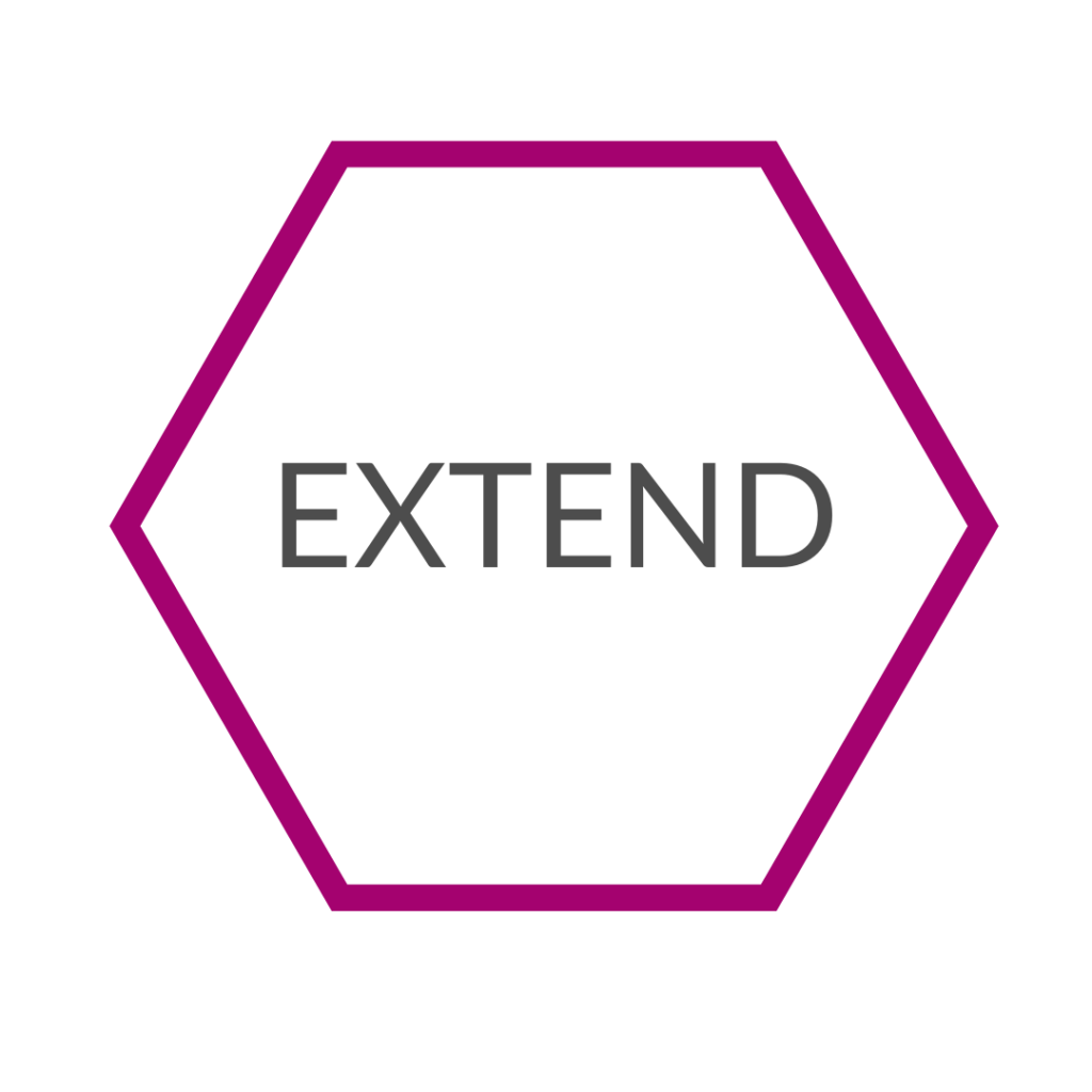 Magenta hexagon with the word "extend" in the middle