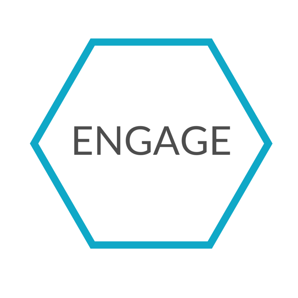 Aqua hexagon with the word "Engage" in the middle